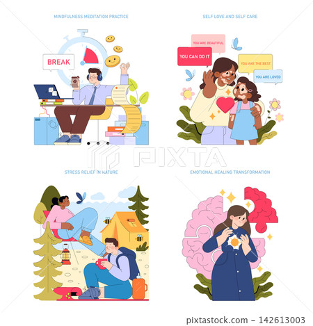 Mental wellness set with people meditating at work, sharing self care support, relaxing in nature, and practicing emotional healing with positive affirmations vector illustration Mental wellness set with people meditating at work, sharing self care support, relaxing in nature, and practicing emotional healing with positive affirmations vector illustration 142613003
