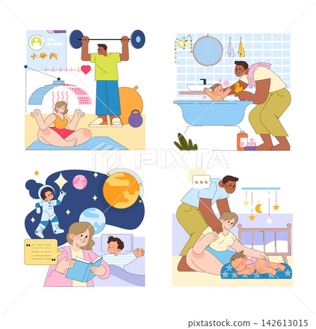 Vector illustration set of parenting routine scenes with childcare, baby bathing, bedtime care, reading, fitness, meditation, and healthy family habits with calm daily actions Vector illustration set of parenting routine scenes with childcare, baby bathing, bedtime care, reading, fitness, meditation, and healthy family habits with calm daily actions 142613015