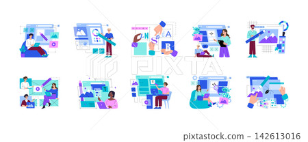 Web design set with people editing interfaces, typography, images, code, and layout blocks on screens and panels, showing digital collaboration and creative workflow in vector illustration Web design set with people editing interfaces, typography, images, code, and layout blocks on screens and panels, showing digital collaboration and creative workflow in vector illustration 142613016