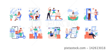 Vector illustration depicting various lifestyle and technology scenes. Includes remote work, online shopping, fitness, food delivery, meditation, and e-commerce activities. Vector illustration depicting various lifestyle and technology scenes. Includes remote work, online shopping, fitness, food delivery, meditation, and e-commerce activities. 142613018