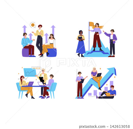 Business team discusses growth strategy, leadership goals, analytics and performance results with rising charts, flag milestone and laptops in a business vector illustration Business team discusses growth strategy, leadership goals, analytics and performance results with rising charts, flag milestone and laptops in a business vector illustration 142613058