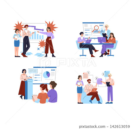 Business teamwork vector illustration set with office meeting conflict, data analysis, presentation, and workflow planning scenes, showing discussion, problem solving, and cooperation Business teamwork vector illustration set with office meeting conflict, data analysis, presentation, and workflow planning scenes, showing discussion, problem solving, and cooperation 142613059