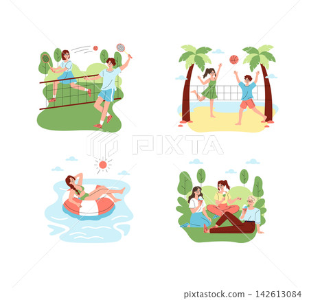 Summer leisure vector illustration set with people playing tennis and beach volleyball, floating in a pool ring, and eating ice cream in a park during warm weather recreation Summer leisure vector illustration set with people playing tennis and beach volleyball, floating in a pool ring, and eating ice cream in a park during warm weather recreation 142613084