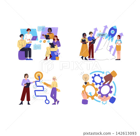 Business people collaborate on startup launch planning, workflow mapping, target setting and process management with laptops, checklists, rocket and gears in vector illustration Business people collaborate on startup launch planning, workflow mapping, target setting and process management with laptops, checklists, rocket and gears in vector illustration 142613093