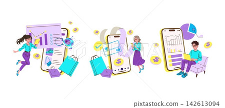 Mobile shopping and digital finance concept with smartphone screens, charts, payment card, bags and coins, people using apps and reviewing sales data, vector illustration Mobile shopping and digital finance concept with smartphone screens, charts, payment card, bags and coins, people using apps and reviewing sales data, vector illustration 142613094