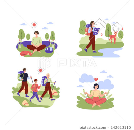 Vector illustration set of outdoor activities with people hiking on trail, reading map, meditating on grass, resting in nature with dog, backpacking and wildlife observation in park 142613110