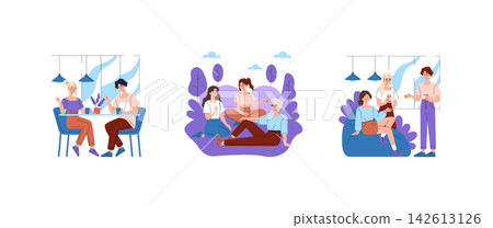 Friends talk, sit together, and drink coffee in casual social scenes indoors and outdoors, with smiling expressions, relaxed poses, and modern flat vector illustration style Friends talk, sit together, and drink coffee in casual social scenes indoors and outdoors, with smiling expressions, relaxed poses, and modern flat vector illustration style 142613126