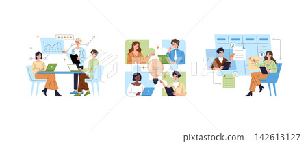 Business team meeting, online collaboration, idea generation and task planning with charts, laptops and documents in flat style vector illustration for workflow and project management 142613127
