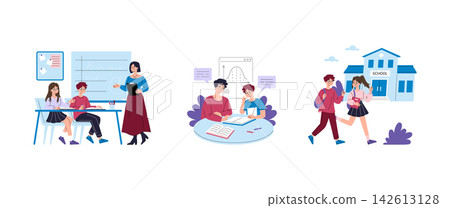 Students study with teacher in classroom, discuss lessons at a table, and walk to school with books and backpacks in a vector illustration set about education, learning, and campus life Students study with teacher in classroom, discuss lessons at a table, and walk to school with books and backpacks in a vector illustration set about education, learning, and campus life 142613128