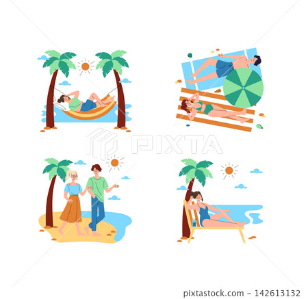 Beach vacation vector illustration set with people relaxing in a hammock and on sunbeds, sunbathing under an umbrella, walking by the shore, and resting near palm trees Beach vacation vector illustration set with people relaxing in a hammock and on sunbeds, sunbathing under an umbrella, walking by the shore, and resting near palm trees 142613132