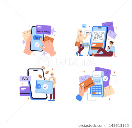 Mobile payment vector illustration set with smartphone checkout, card transaction, QR code scanning, digital wallet use, and contactless terminal payment for online shopping Mobile payment vector illustration set with smartphone checkout, card transaction, QR code scanning, digital wallet use, and contactless terminal payment for online shopping 142613133