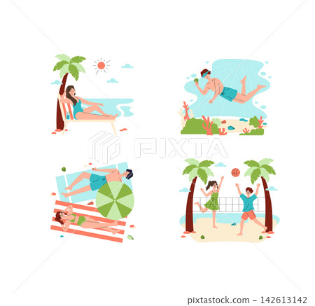 Beach vacation vector illustration set with people relaxing on loungers, swimming underwater, sunbathing on towels, and playing volleyball by palm trees on sandy shore Beach vacation vector illustration set with people relaxing on loungers, swimming underwater, sunbathing on towels, and playing volleyball by palm trees on sandy shore 142613142