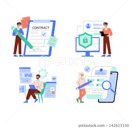 Vector illustration featuring individuals handling digital tasks, including contract signing, cybersecurity, programming, and survey analysis. Emphasizes digital efficiency and security. 142613150