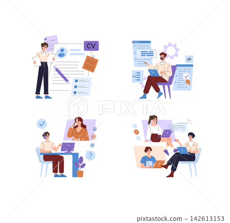 HR recruitment workflow vector illustration set with candidates submitting CV documents, recruiter screening profiles, online interview support, and remote team communication HR recruitment workflow vector illustration set with candidates submitting CV documents, recruiter screening profiles, online interview support, and remote team communication 142613153