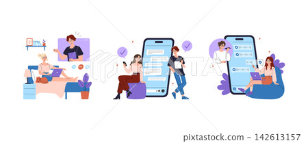 Mobile communication vector illustration set with people video calling chatting and sending voice messages on smartphones at home and online with calm focused friendly emotions Mobile communication vector illustration set with people video calling chatting and sending voice messages on smartphones at home and online with calm focused friendly emotions 142613157