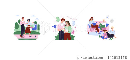 Family life vector illustration set with parents walking near stroller, holding a newborn, reading at home, and playing with a child on the floor, showing care, bonding, and support Family life vector illustration set with parents walking near stroller, holding a newborn, reading at home, and playing with a child on the floor, showing care, bonding, and support 142613158