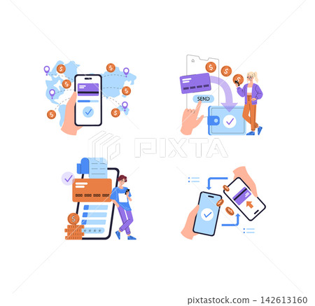 Mobile payment vector illustration set with smartphone transactions, card transfer, online wallet, cashless checkout, secure verification, and global digital finance service icons Mobile payment vector illustration set with smartphone transactions, card transfer, online wallet, cashless checkout, secure verification, and global digital finance service icons 142613160