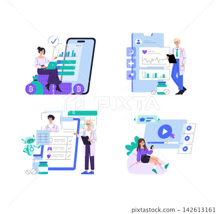 Healthcare app set with users managing mobile finance, medical records, online learning and digital monitoring on smartphone screens, flat vector illustration isolated on white Healthcare app set with users managing mobile finance, medical records, online learning and digital monitoring on smartphone screens, flat vector illustration isolated on white 142613161