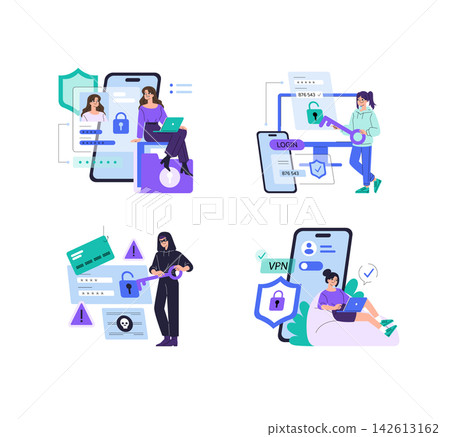 Cybersecurity vector illustration set with users securing mobile login, password access, VPN connection, and fraud warning symbols on smartphone screens and digital devices Cybersecurity vector illustration set with users securing mobile login, password access, VPN connection, and fraud warning symbols on smartphone screens and digital devices 142613162