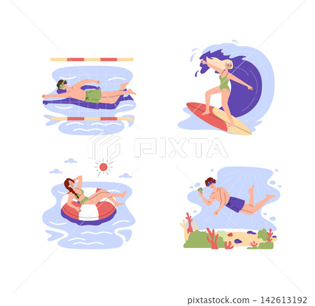Summer vacation vector illustration set with people swimming in pool, surfing on wave, relaxing on inflatable ring, and snorkeling underwater near coral reef in swimwear Summer vacation vector illustration set with people swimming in pool, surfing on wave, relaxing on inflatable ring, and snorkeling underwater near coral reef in swimwear 142613192
