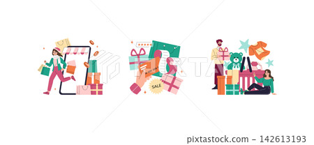 Online shopping vector illustration with customers buying gifts, payment card, sale tag, shopping bags and retail items for ecommerce, holiday purchase, delivery and store concept Online shopping vector illustration with customers buying gifts, payment card, sale tag, shopping bags and retail items for ecommerce, holiday purchase, delivery and store concept 142613193