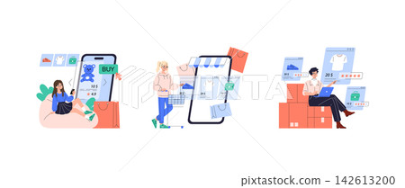 Vector illustration depicting people engaging in online shopping. Features include browsing products on a smartphone, using a tablet for purchases, and managing orders on a laptop. Vector illustration depicting people engaging in online shopping. Features include browsing products on a smartphone, using a tablet for purchases, and managing orders on a laptop. 142613200