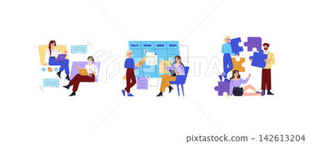 Team collaboration vector illustration showing people working on laptops, planning tasks, reviewing documents and assembling puzzle pieces for project management, workflow and teamwork Team collaboration vector illustration showing people working on laptops, planning tasks, reviewing documents and assembling puzzle pieces for project management, workflow and teamwork 142613204