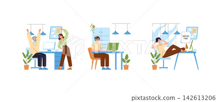 Office workers sitting at desks, stretching during work, typing on computer, and relaxing on break time in a modern workspace, flat vector illustration isolated on white Office workers sitting at desks, stretching during work, typing on computer, and relaxing on break time in a modern workspace, flat vector illustration isolated on white 142613206