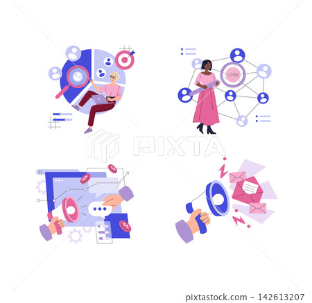 Digital marketing vector illustration set showing customer analysis, CRM network management, campaign growth tracking, and email promotion with megaphone, messages, and business data Digital marketing vector illustration set showing customer analysis, CRM network management, campaign growth tracking, and email promotion with megaphone, messages, and business data 142613207