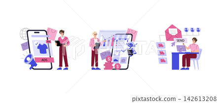 Digital marketing vector illustration set showing online ads management ecommerce analytics and email sending campaign on mobile and desktop screens with focused positive teamwork Digital marketing vector illustration set showing online ads management ecommerce analytics and email sending campaign on mobile and desktop screens with focused positive teamwork 142613208