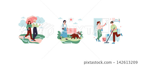 Vector illustration set of people doing daily activities outdoors and at home, walking in rain under umbrella, walking a dog in park, and cleaning windows and floor indoors Vector illustration set of people doing daily activities outdoors and at home, walking in rain under umbrella, walking a dog in park, and cleaning windows and floor indoors 142613209