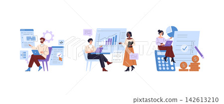Business team works with laptops, charts, checklist and calculator while analyzing finance data, reporting results and planning tasks in a flat vector illustration set Business team works with laptops, charts, checklist and calculator while analyzing finance data, reporting results and planning tasks in a flat vector illustration set 142613210