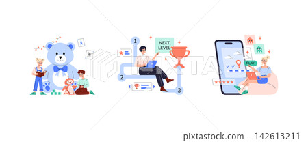 Vector illustrations depicting children playing with a giant teddy bear, a person advancing through game levels on a digital platform, and a user exploring a mobile app interface. Vector illustrations depicting children playing with a giant teddy bear, a person advancing through game levels on a digital platform, and a user exploring a mobile app interface. 142613211
