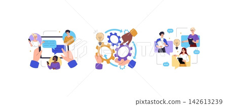 Team collaboration vector illustration with people exchanging messages, managing tasks, and connecting gears with idea symbols for communication, workflow, planning, and support Team collaboration vector illustration with people exchanging messages, managing tasks, and connecting gears with idea symbols for communication, workflow, planning, and support 142613239