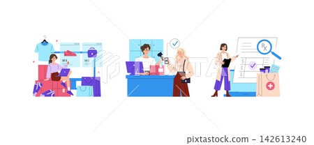 Online shopping and pharmacy purchase service vector illustration set with customers selecting clothes, paying at checkout, and reviewing prescription products and medicine orders Online shopping and pharmacy purchase service vector illustration set with customers selecting clothes, paying at checkout, and reviewing prescription products and medicine orders 142613240