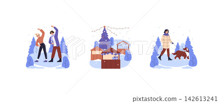 Winter holiday vector illustration set with people dancing in snow, person walking a dog, and festive market stalls around a decorated Christmas tree in a snowy park scene Winter holiday vector illustration set with people dancing in snow, person walking a dog, and festive market stalls around a decorated Christmas tree in a snowy park scene 142613241