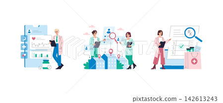Healthcare professionals review patient records, insurance data, prescriptions and pharmacy costs in a medical vector illustration with charts, pills, clipboard and document check marks 142613243