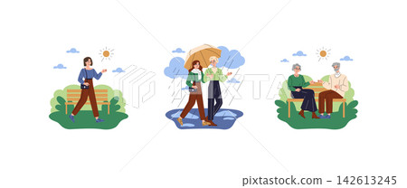 Vector illustration set of women walking in sunny weather, sharing an umbrella in rain, and sitting on a park bench outdoors with calm smiles and relaxed conversation Vector illustration set of women walking in sunny weather, sharing an umbrella in rain, and sitting on a park bench outdoors with calm smiles and relaxed conversation 142613245
