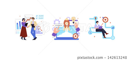 Business growth vector illustration set with partners shaking hands, rocket launch startup concept, and analyst working on laptop with targets, charts, search, and process icons Business growth vector illustration set with partners shaking hands, rocket launch startup concept, and analyst working on laptop with targets, charts, search, and process icons 142613248
