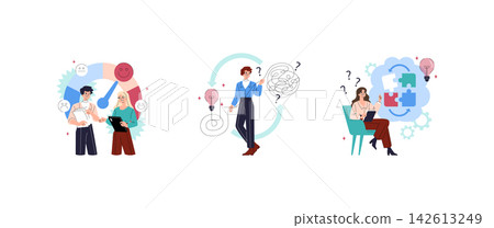 Problem solving, team evaluation, idea generation and puzzle planning concept set with people analyzing feedback, resolving confusion and organizing tasks, vector illustration Problem solving, team evaluation, idea generation and puzzle planning concept set with people analyzing feedback, resolving confusion and organizing tasks, vector illustration 142613249
