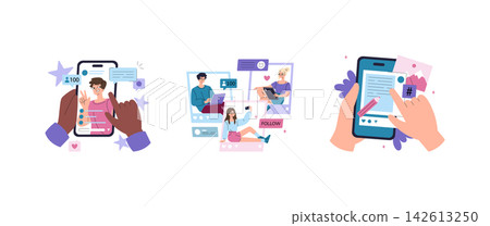 Social media users create posts, share photos, follow profiles and send messages on smartphones, with chat bubbles, reactions and feeds in a vector illustration set for mobile apps Social media users create posts, share photos, follow profiles and send messages on smartphones, with chat bubbles, reactions and feeds in a vector illustration set for mobile apps 142613250