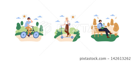 Vector illustration of people spending time outdoors in park, riding bicycle, standing with scooter, and reading on bench with coffee during calm sunny weather in autumn Vector illustration of people spending time outdoors in park, riding bicycle, standing with scooter, and reading on bench with coffee during calm sunny weather in autumn 142613262