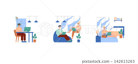 Remote workers using laptops at home in different rooms, including desk, lounge and bed scenes with calm focused expressions, home office lifestyle concept, vector illustration 142613263