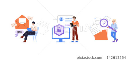 Vector illustration set showcasing digital processes. Includes a person with a laptop sending emails, another managing cybersecurity on a tablet, and a third organizing digital files. 142613264