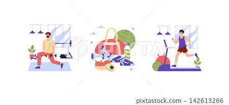Fitness vector illustration set with people exercising indoors, lifting dumbbells, running on treadmill, and healthy food with sports gear for wellness, training, and active routine Fitness vector illustration set with people exercising indoors, lifting dumbbells, running on treadmill, and healthy food with sports gear for wellness, training, and active routine 142613266