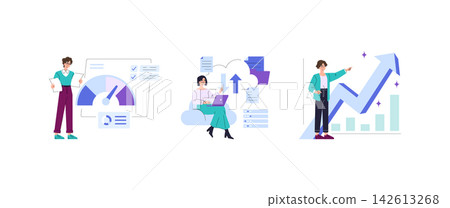Business analytics vector illustration set with professionals presenting dashboard metrics, cloud data and rising charts, showing reporting, planning, upload workflow and growth results Business analytics vector illustration set with professionals presenting dashboard metrics, cloud data and rising charts, showing reporting, planning, upload workflow and growth results 142613268