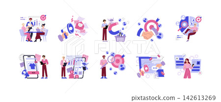 Digital marketing vector illustration set showing team planning campaign strategy, email promotion, customer targeting, mobile ads, analytics review, and communication tools Digital marketing vector illustration set showing team planning campaign strategy, email promotion, customer targeting, mobile ads, analytics review, and communication tools 142613269
