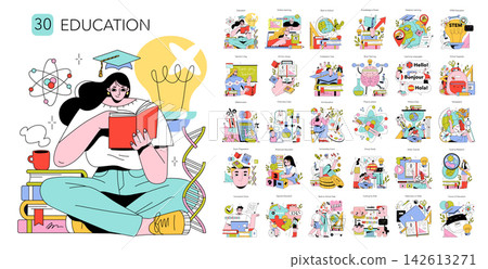 Education vector illustration set with student reading a book, graduation cap, light bulb, science symbols, online learning, school subjects, tutoring, language study and STEM icons Education vector illustration set with student reading a book, graduation cap, light bulb, science symbols, online learning, school subjects, tutoring, language study and STEM icons 142613271