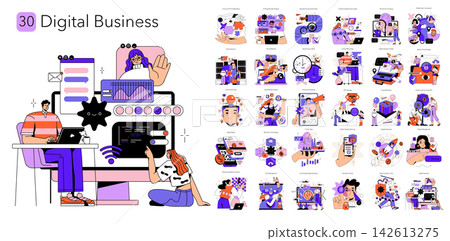 Digital business vector illustration set with people managing online workflow, analytics, marketing, security, payments and remote collaboration across apps, devices and dashboards Digital business vector illustration set with people managing online workflow, analytics, marketing, security, payments and remote collaboration across apps, devices and dashboards 142613275