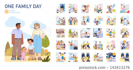 Family spending time together in daily home and outdoor activities, parenting, learning, rest, cooking, play, and care scenes in a one family day vector illustration set Family spending time together in daily home and outdoor activities, parenting, learning, rest, cooking, play, and care scenes in a one family day vector illustration set 142613276